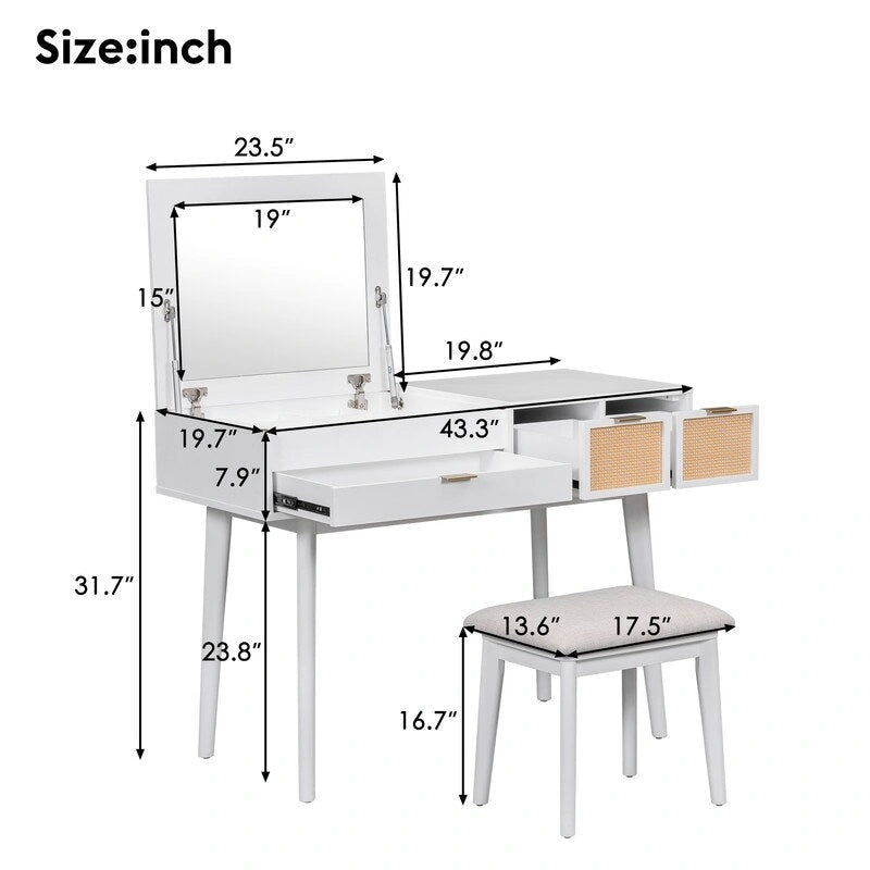 Coiffeuse de style moderne avec miroir rabattable, tabouret rembourré et tiroirs