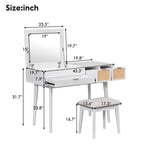 Coiffeuse de style moderne avec miroir rabattable, tabouret rembourré et tiroirs