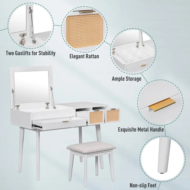 Coiffeuse de style moderne avec miroir rabattable, tabouret rembourré et tiroirs