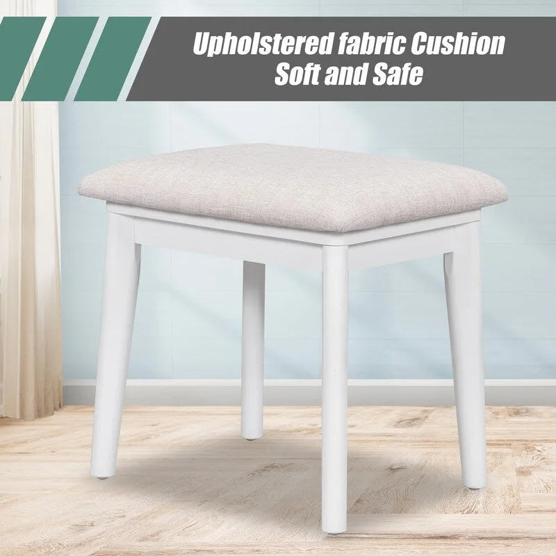 Coiffeuse de style moderne avec miroir rabattable, tabouret rembourré et tiroirs