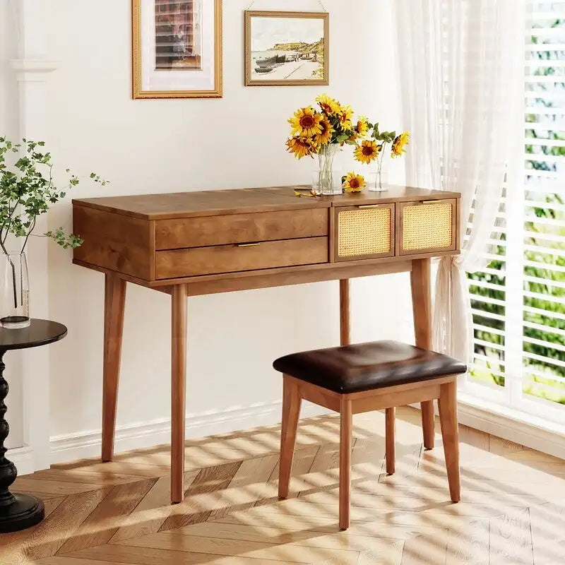 Coiffeuse de style moderne avec miroir rabattable, tabouret rembourré et tiroirs