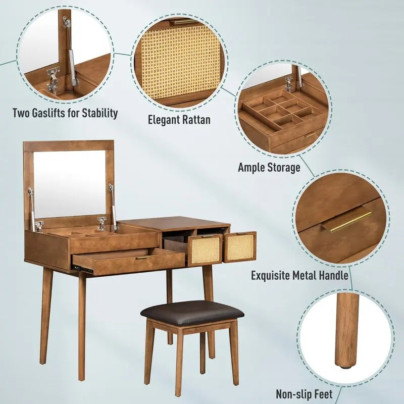 Coiffeuse de style moderne avec miroir rabattable, tabouret rembourré et tiroirs