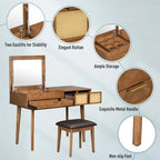 Coiffeuse de style moderne avec miroir rabattable, tabouret rembourré et tiroirs