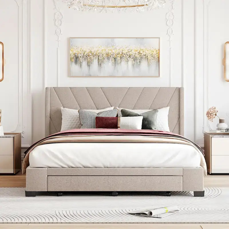 Lit Plateforme Capitonnée en Lin Taille Queen avec 3 Tiroirs de Rangement