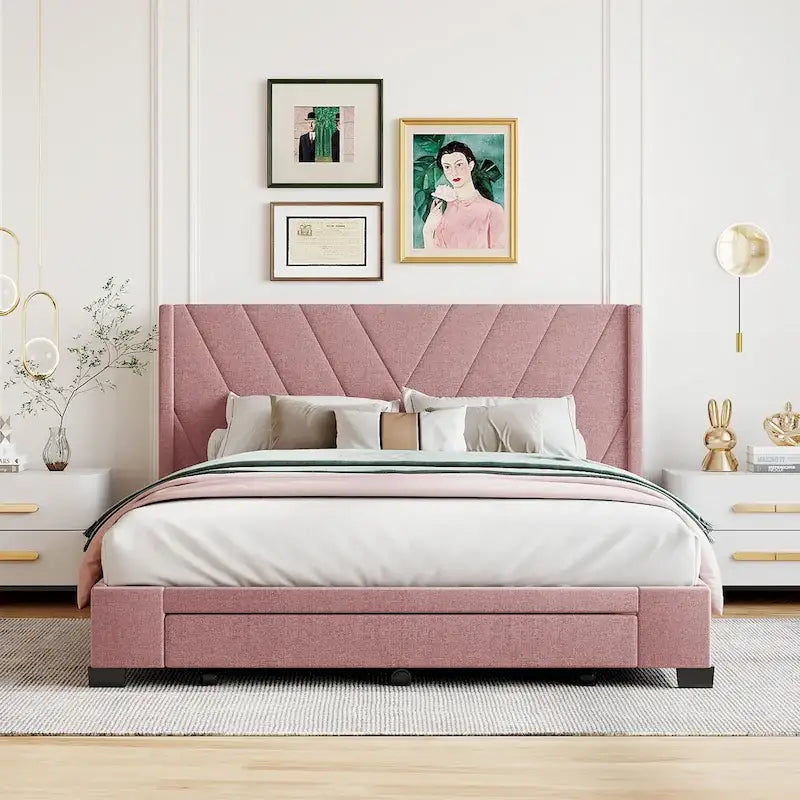 Lit Plateforme Capitonnée en Lin Taille Queen avec 3 Tiroirs de Rangement