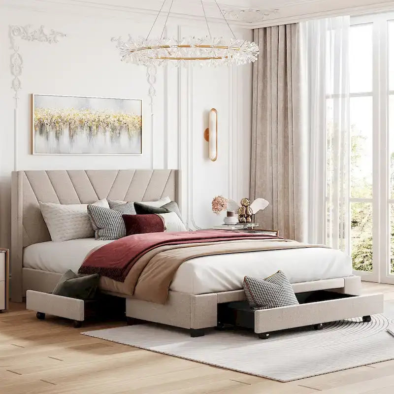 Lit Plateforme Capitonnée en Lin Taille Queen avec 3 Tiroirs de Rangement