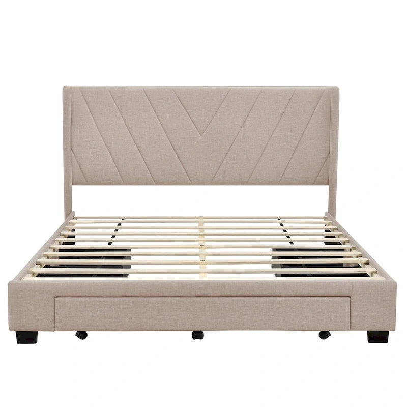 Lit Plateforme Capitonnée en Lin Taille Queen avec 3 Tiroirs de Rangement