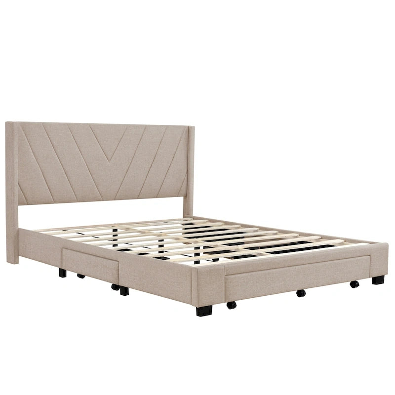 Lit Plateforme Capitonnée en Lin Taille Queen avec 3 Tiroirs de Rangement