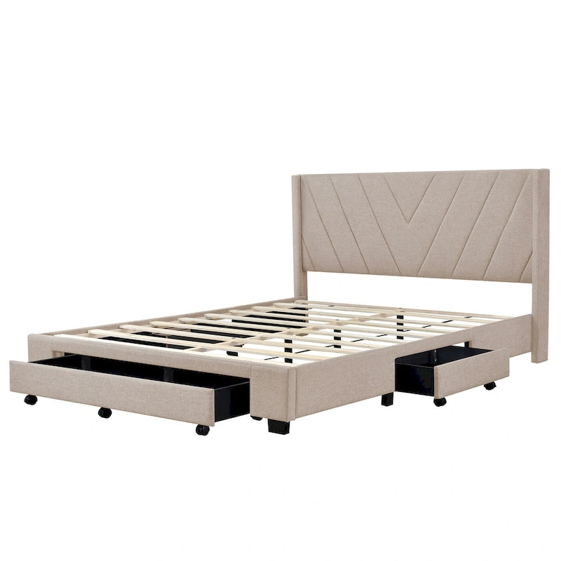 Lit Plateforme Capitonnée en Lin Taille Queen avec 3 Tiroirs de Rangement