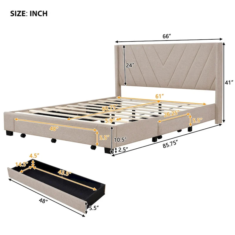 Lit Plateforme Capitonnée en Lin Taille Queen avec 3 Tiroirs de Rangement