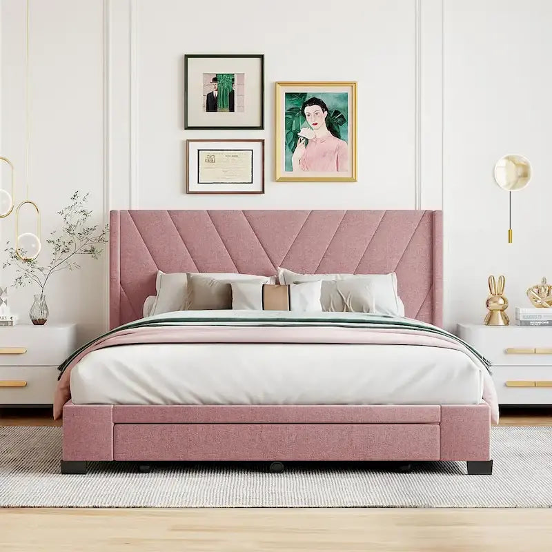 Lit Plateforme Capitonnée en Lin Taille Queen avec 3 Tiroirs de Rangement