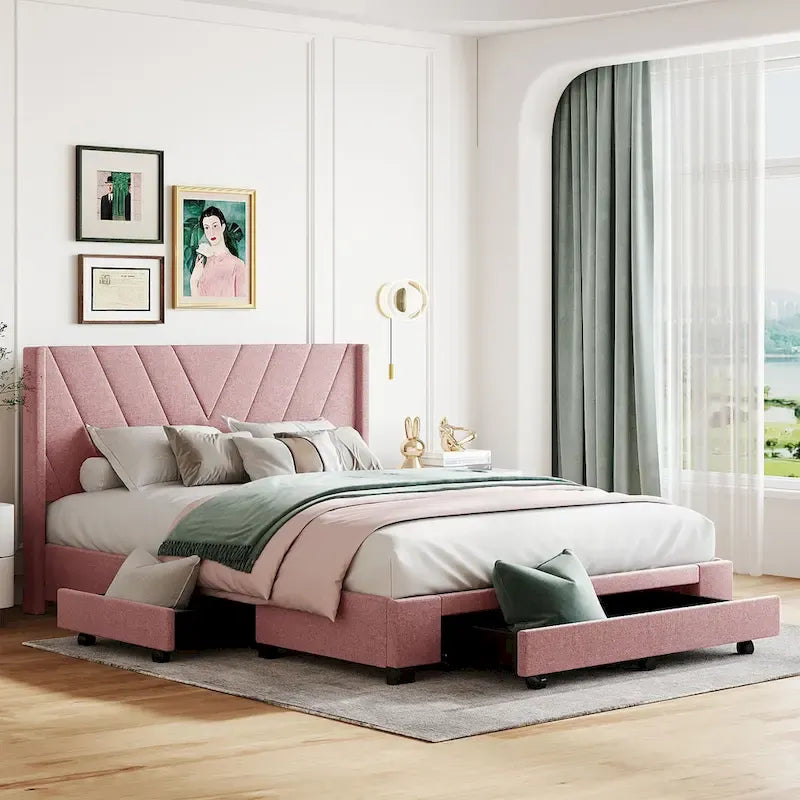 Lit Plateforme Capitonnée en Lin Taille Queen avec 3 Tiroirs de Rangement