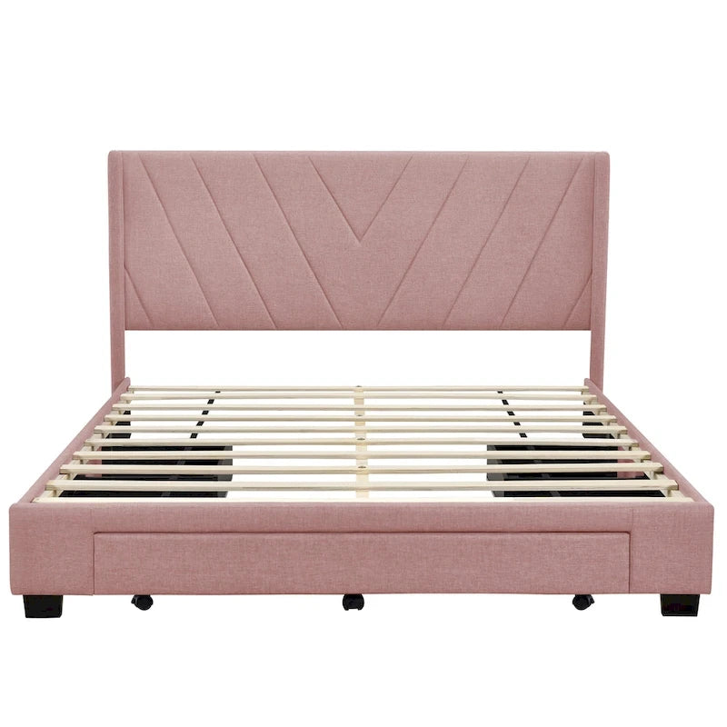 Lit Plateforme Capitonnée en Lin Taille Queen avec 3 Tiroirs de Rangement