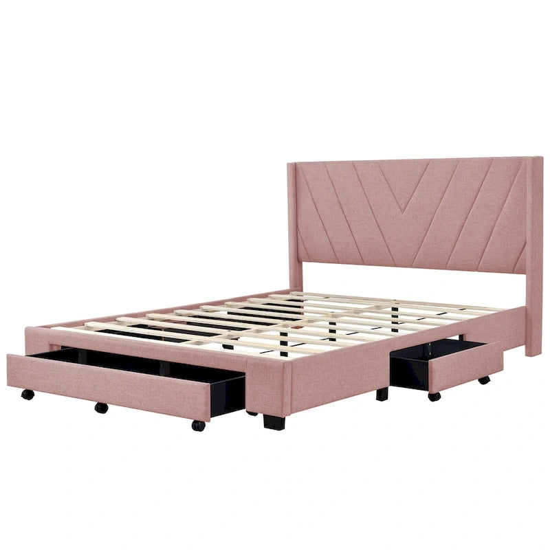 Lit Plateforme Capitonnée en Lin Taille Queen avec 3 Tiroirs de Rangement