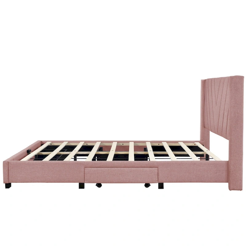 Lit Plateforme Capitonnée en Lin Taille Queen avec 3 Tiroirs de Rangement