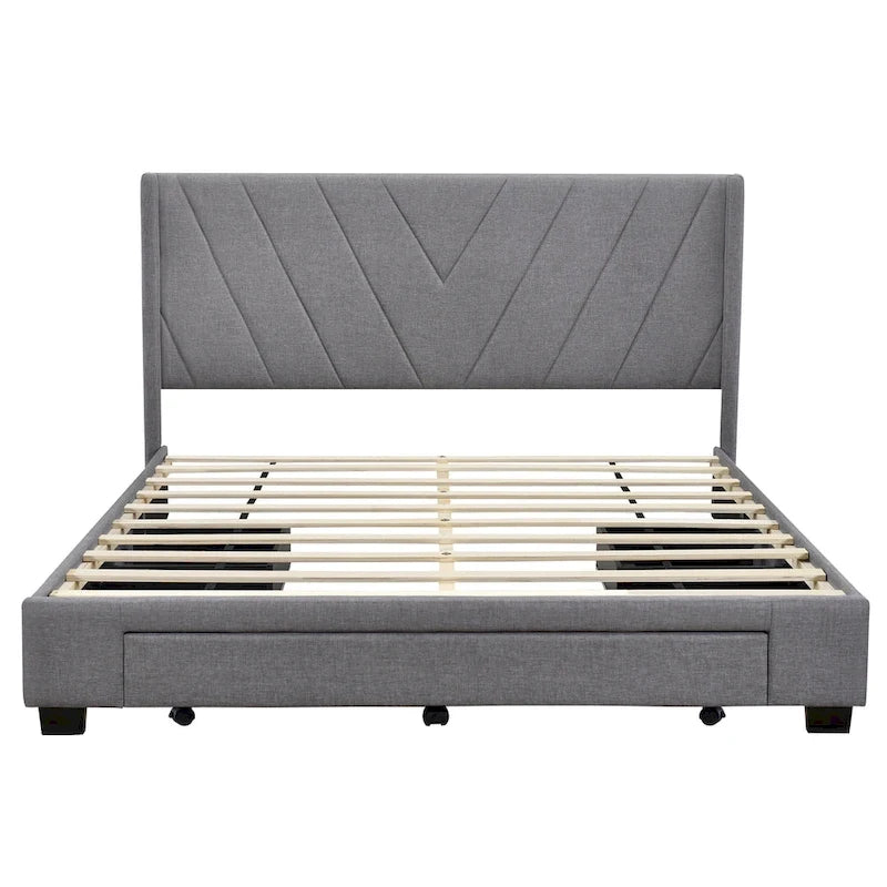 Lit Plateforme Capitonnée en Lin Taille Queen avec 3 Tiroirs de Rangement