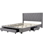 Lit Plateforme Capitonnée en Lin Taille Queen avec 3 Tiroirs de Rangement