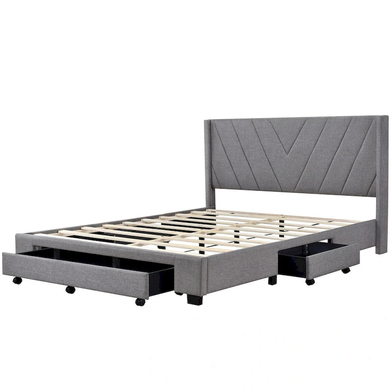 Lit Plateforme Capitonnée en Lin Taille Queen avec 3 Tiroirs de Rangement