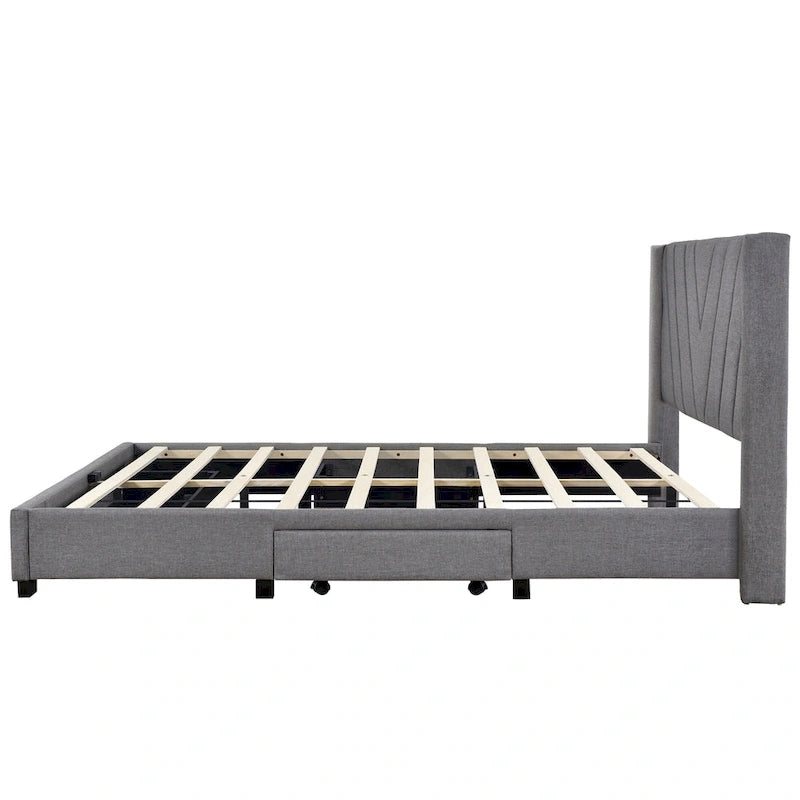 Lit Plateforme Capitonnée en Lin Taille Queen avec 3 Tiroirs de Rangement