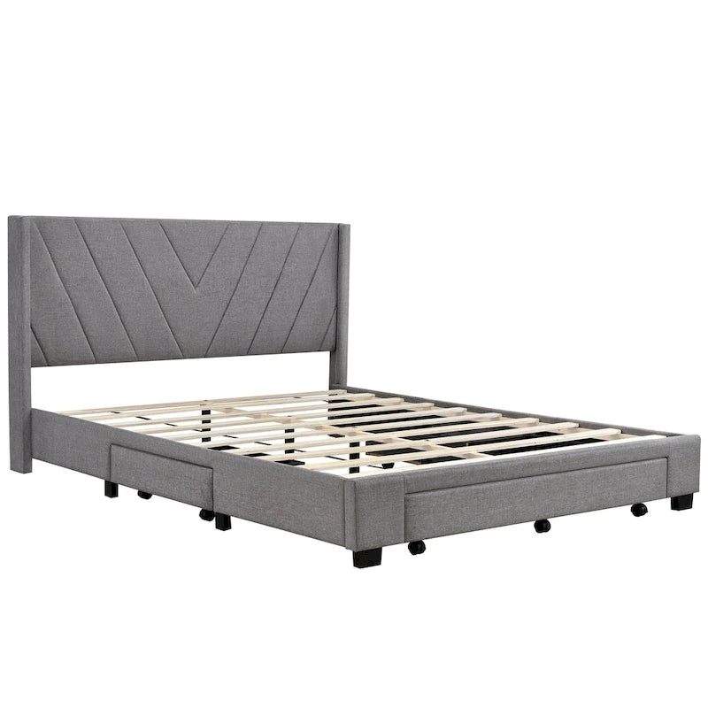 Lit Plateforme Capitonnée en Lin Taille Queen avec 3 Tiroirs de Rangement