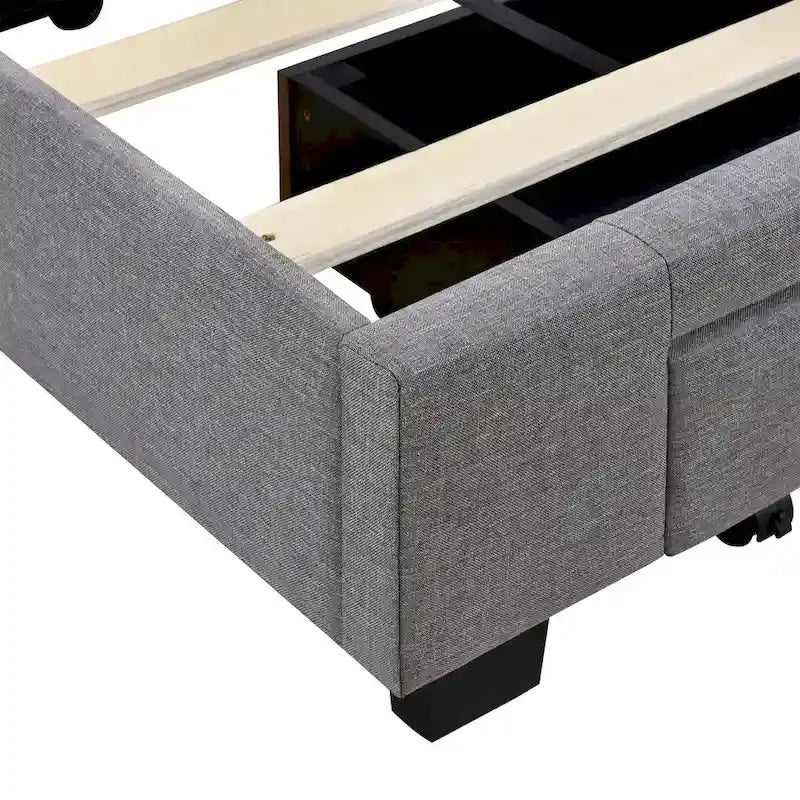 Lit Plateforme Capitonnée en Lin Taille Queen avec 3 Tiroirs de Rangement