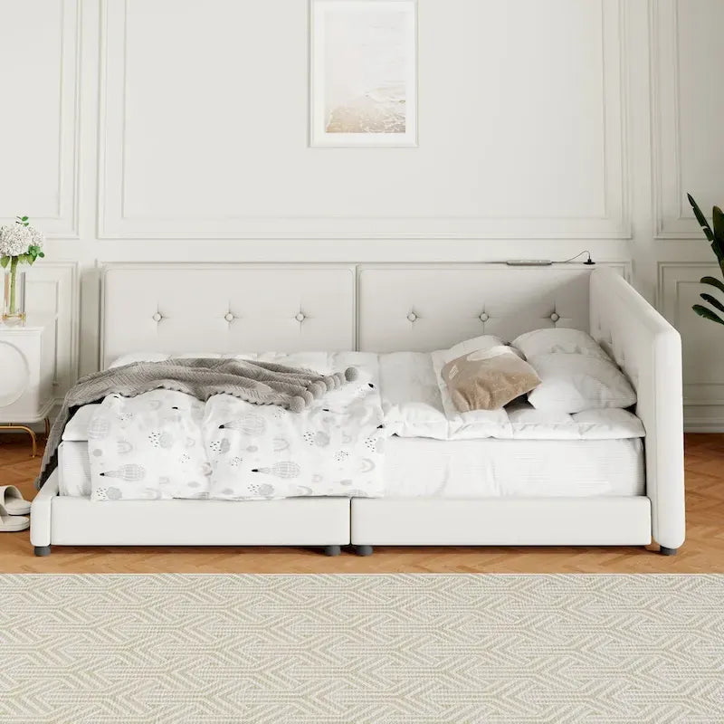 Lit plateforme capitonné Queen Size avec ports USB, sommier tapissier non requis, facile à assembler