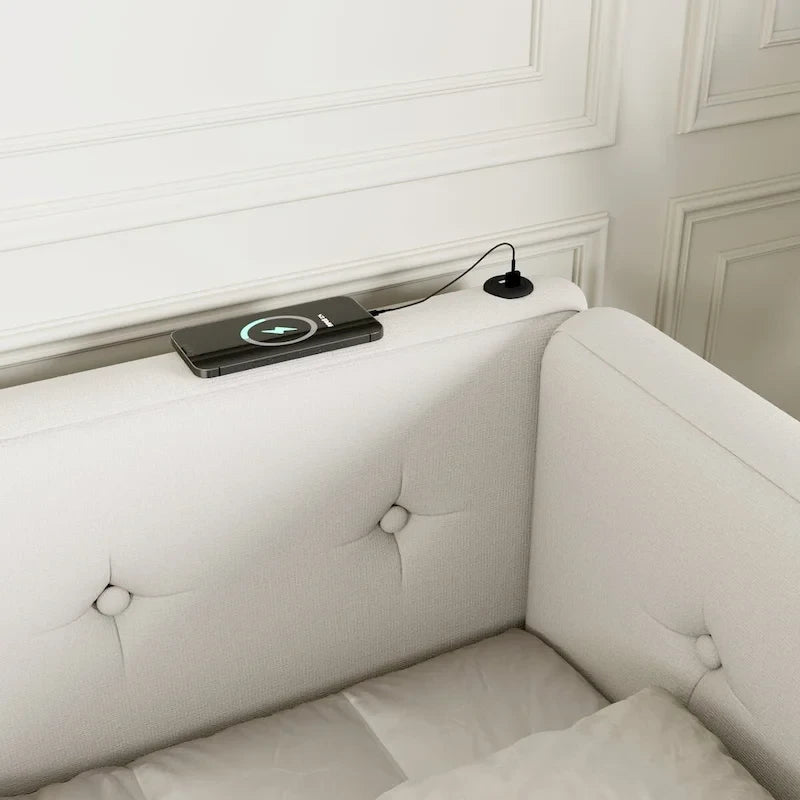 Lit plateforme capitonné Queen Size avec ports USB, sommier tapissier non requis, facile à assembler
