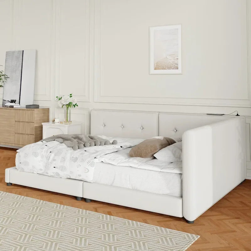 Lit plateforme capitonné Queen Size avec ports USB, sommier tapissier non requis, facile à assembler