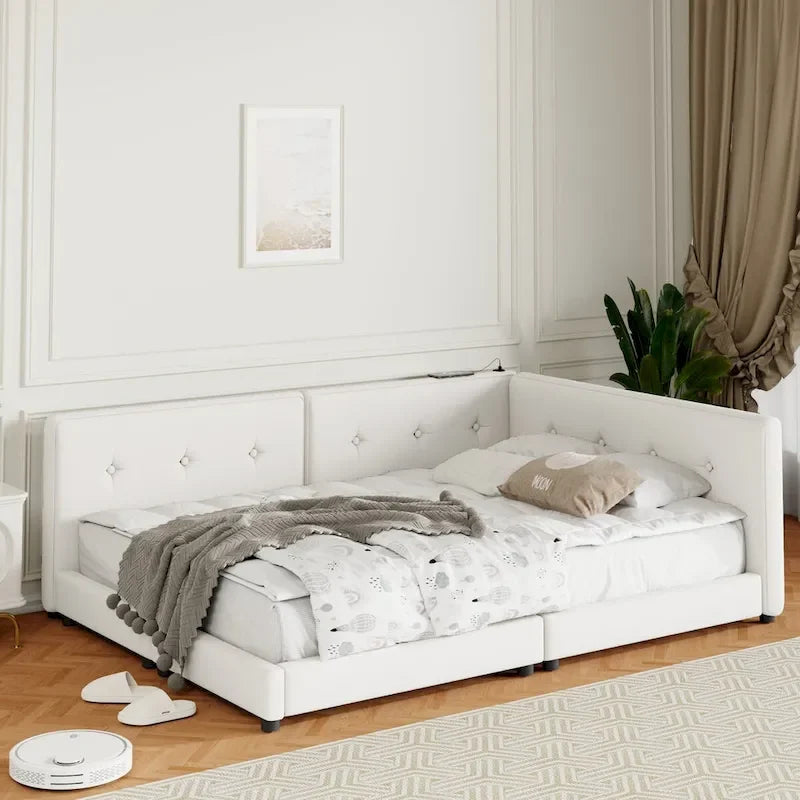 Lit plateforme capitonné Queen Size avec ports USB, sommier tapissier non requis, facile à assembler