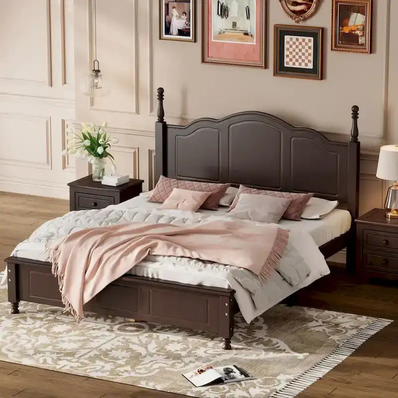 Cadre de lit plateforme rétro double/grand format en bois avec support à lattes en bois, noyer foncé