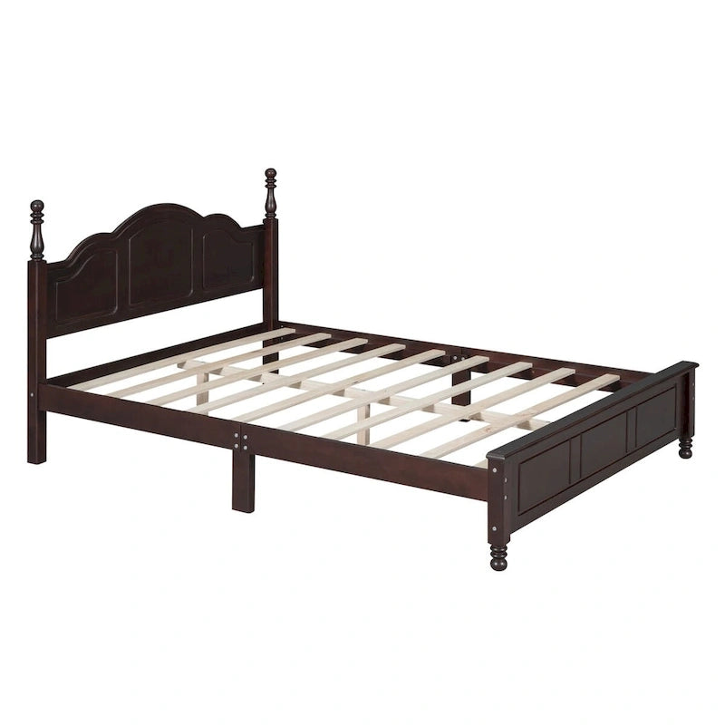 Cadre de lit plateforme rétro double/grand format en bois avec support à lattes en bois, noyer foncé