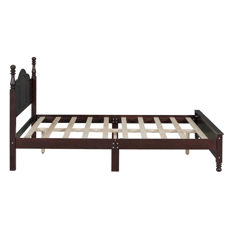 Cadre de lit plateforme rétro double/grand format en bois avec support à lattes en bois, noyer foncé