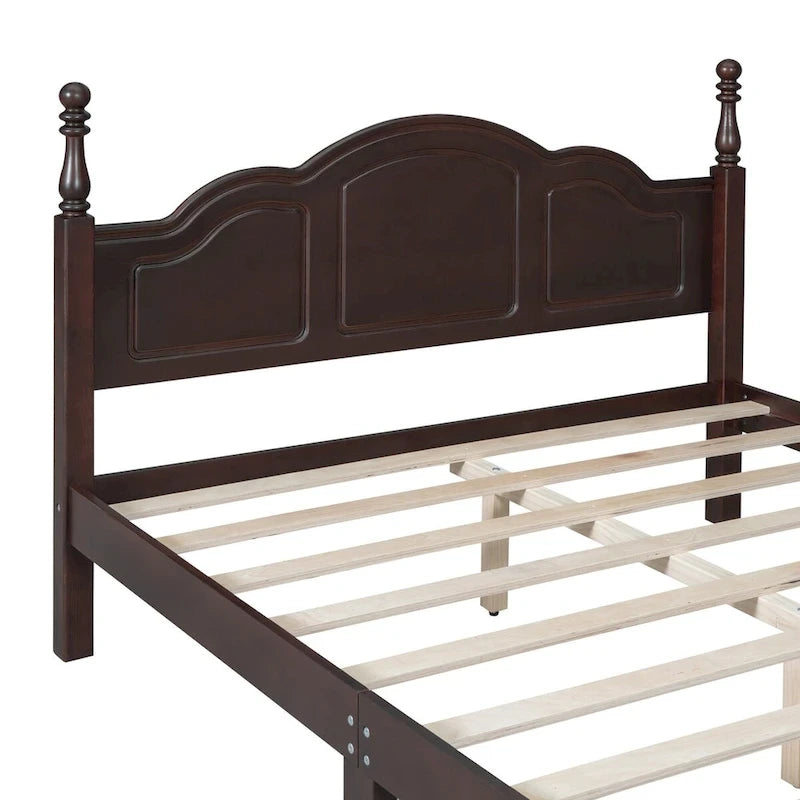 Cadre de lit plateforme rétro double/grand format en bois avec support à lattes en bois, noyer foncé