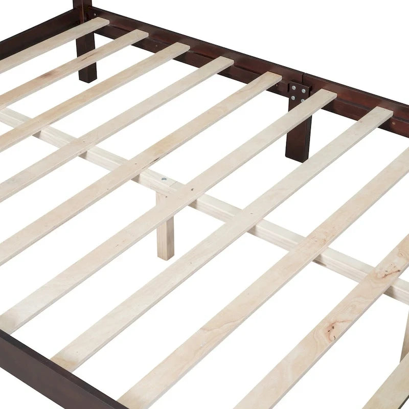 Cadre de lit plateforme rétro double/grand format en bois avec support à lattes en bois, noyer foncé