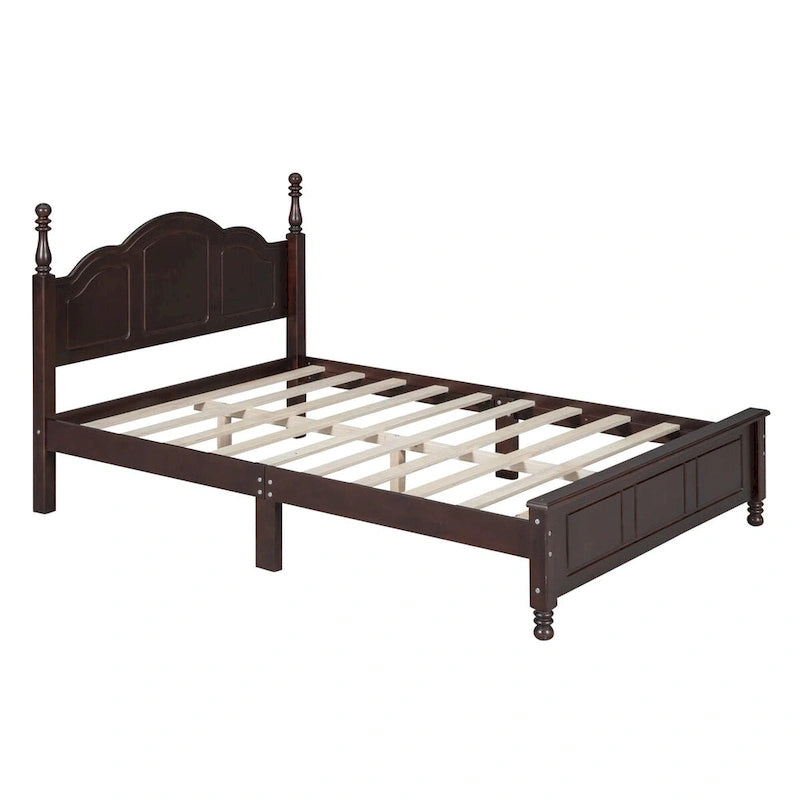 Cadre de lit plateforme rétro double/grand format en bois avec support à lattes en bois, noyer foncé