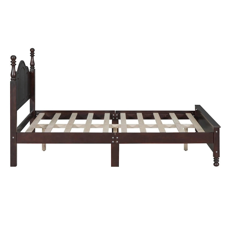 Cadre de lit plateforme rétro double/grand format en bois avec support à lattes en bois, noyer foncé