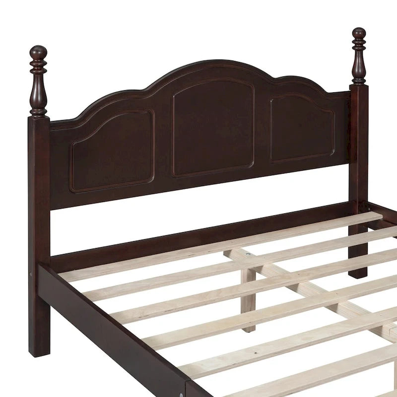 Cadre de lit plateforme rétro double/grand format en bois avec support à lattes en bois, noyer foncé
