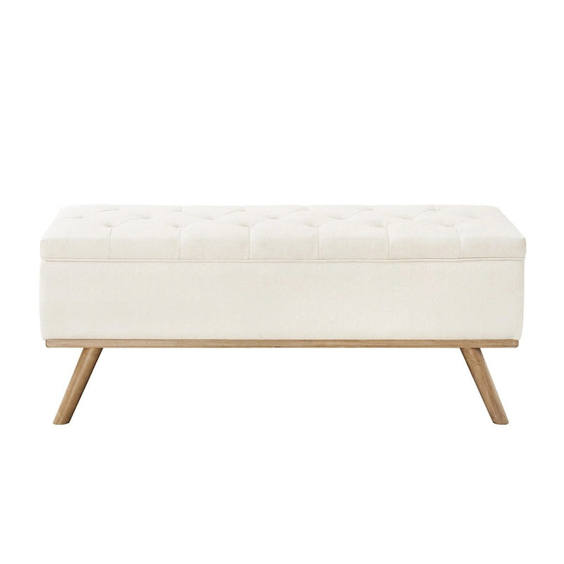 Pouffe de rangement capitonné Mid-Century Modern avec assise en lin à boutons touffetés