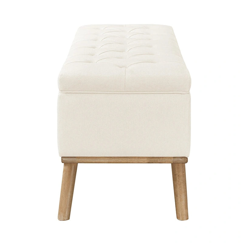 Pouffe de rangement capitonné Mid-Century Modern avec assise en lin à boutons touffetés