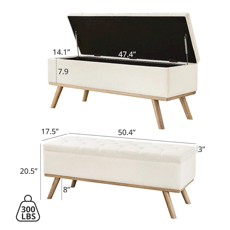 Pouffe de rangement capitonné Mid-Century Modern avec assise en lin à boutons touffetés