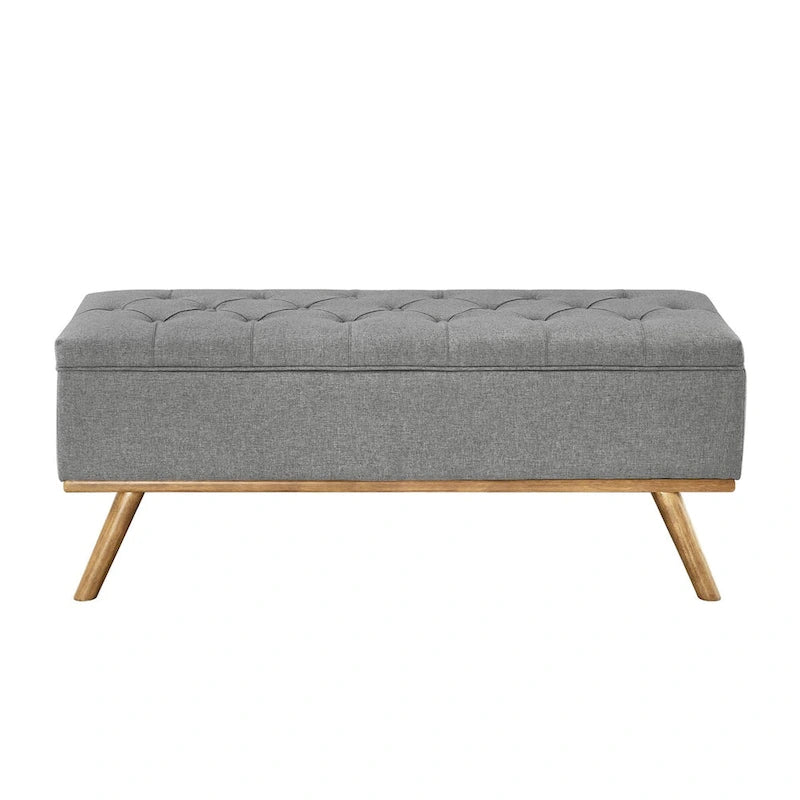 Pouffe de rangement capitonné Mid-Century Modern avec assise en lin à boutons touffetés