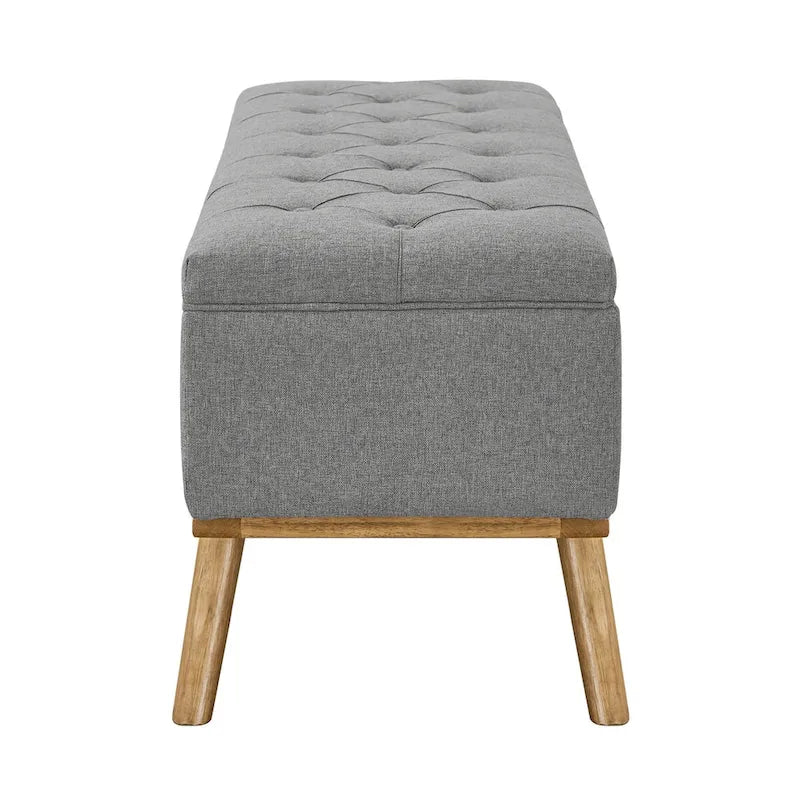 Pouffe de rangement capitonné Mid-Century Modern avec assise en lin à boutons touffetés