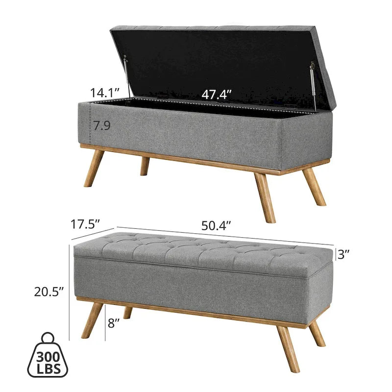 Pouffe de rangement capitonné Mid-Century Modern avec assise en lin à boutons touffetés