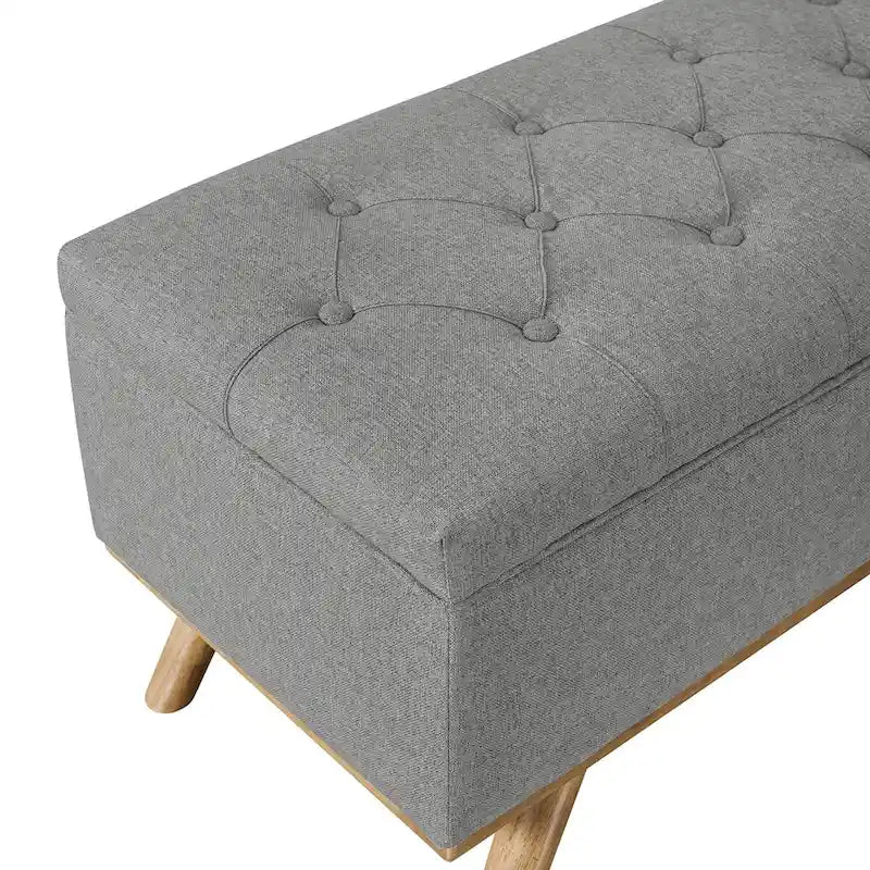 Pouffe de rangement capitonné Mid-Century Modern avec assise en lin à boutons touffetés