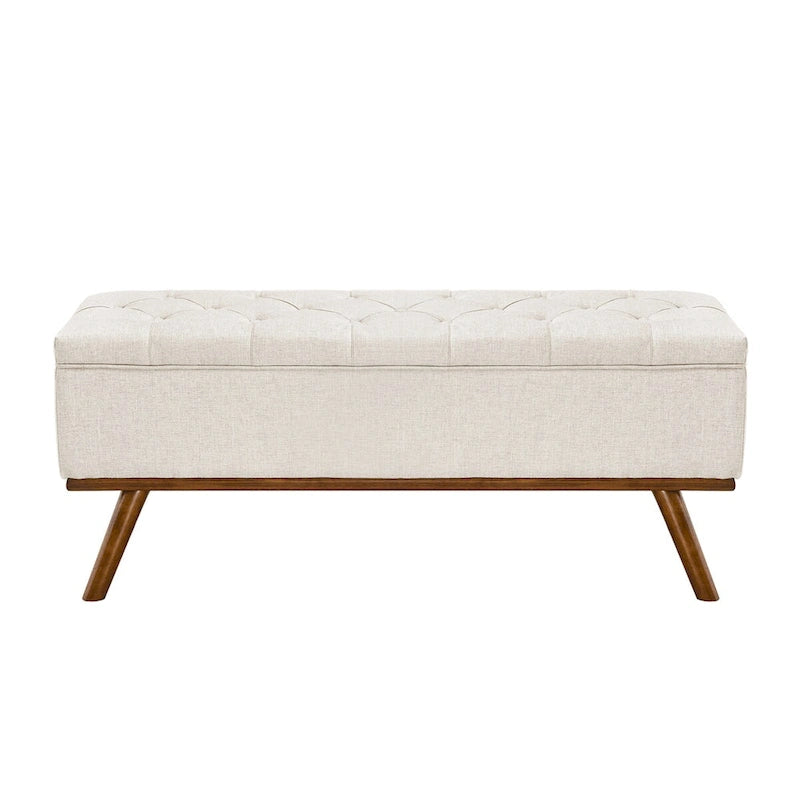 Pouffe de rangement capitonné Mid-Century Modern avec assise en lin à boutons touffetés