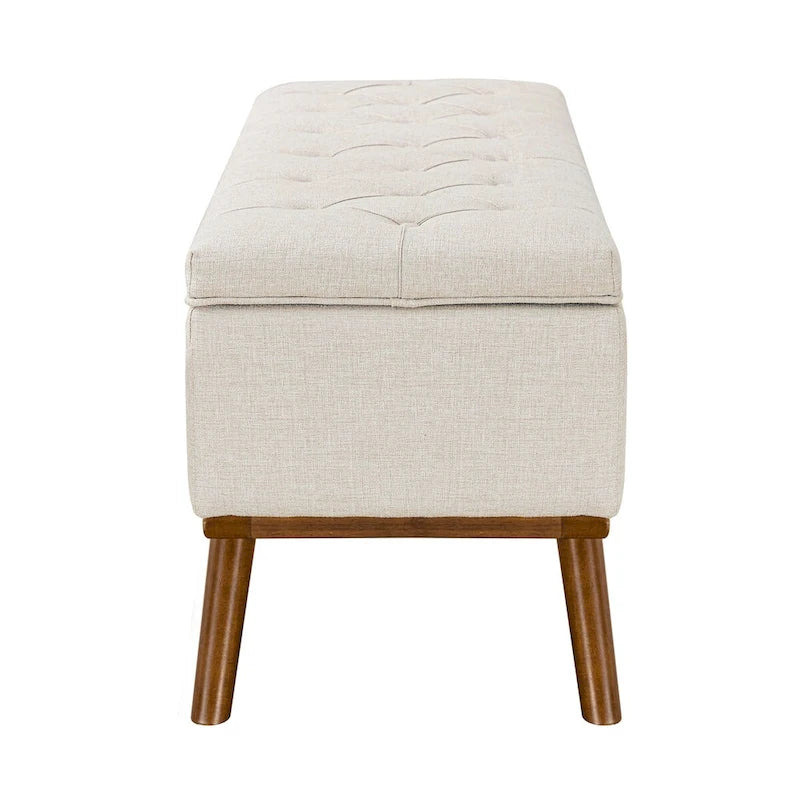 Pouffe de rangement capitonné Mid-Century Modern avec assise en lin à boutons touffetés