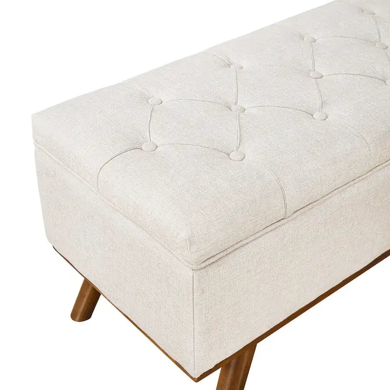 Pouffe de rangement capitonné Mid-Century Modern avec assise en lin à boutons touffetés