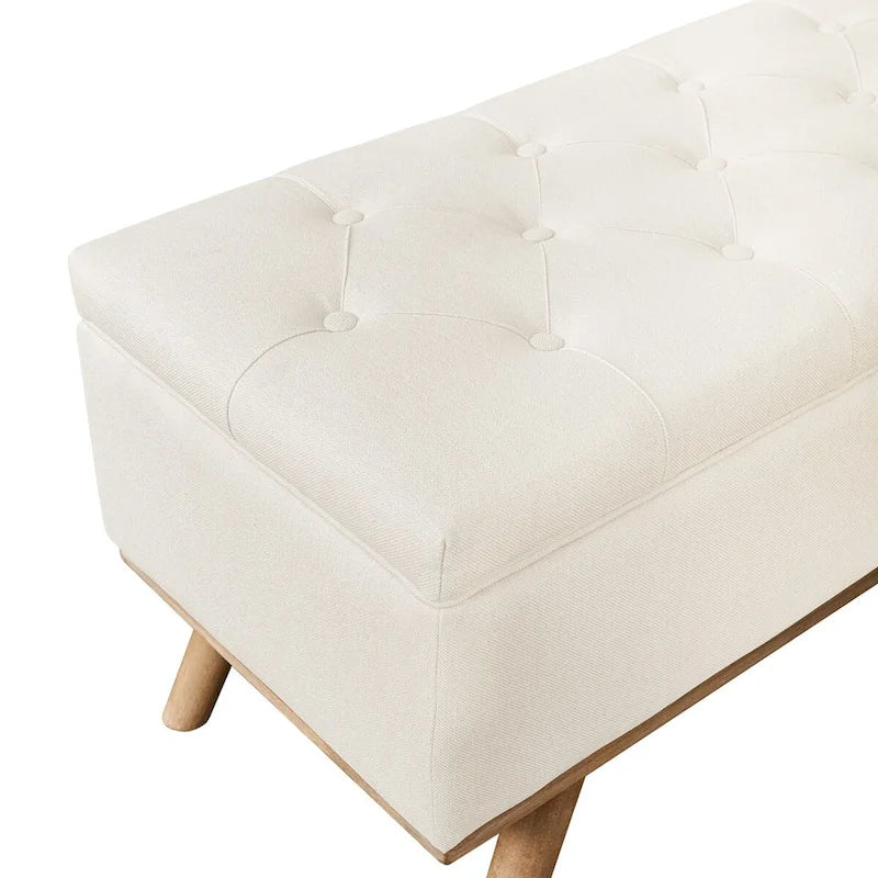 Pouffe de rangement capitonné Mid-Century Modern avec assise en lin à boutons touffetés