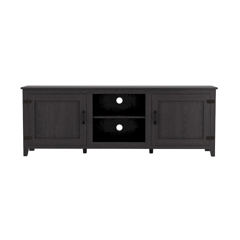 Meuble TV Mieres pour téléviseur de 75 pouces, Centre de divertissement avec deux portes et 4 compartiments de rangement ouverts, Meuble multimédia