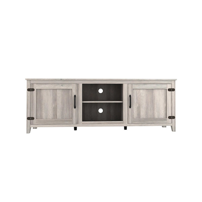 Meuble TV Mieres pour téléviseur de 75 pouces, Centre de divertissement avec deux portes et 4 compartiments de rangement ouverts, Meuble multimédia